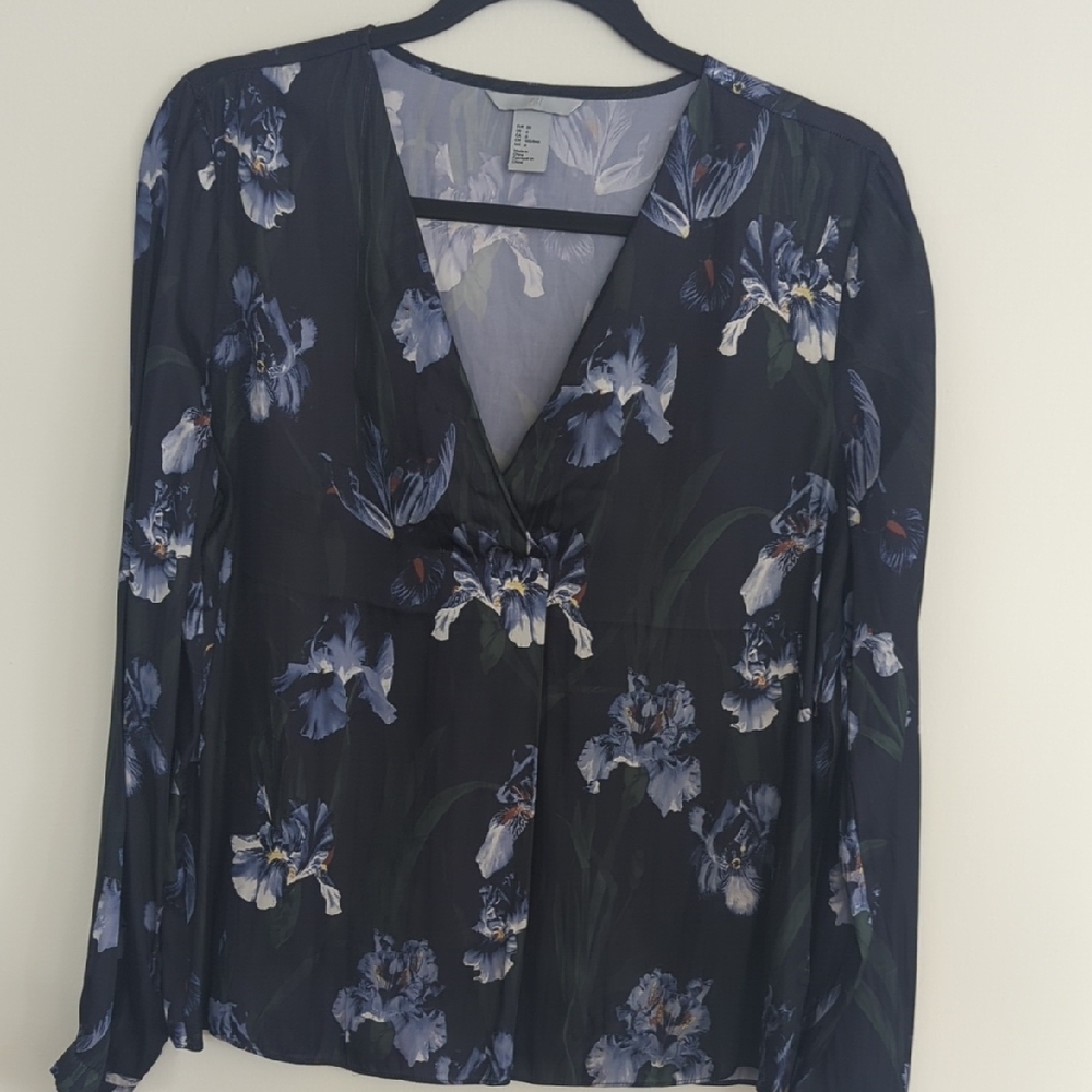 H&M Black and Blue Wrap Blouse Long Sleeve